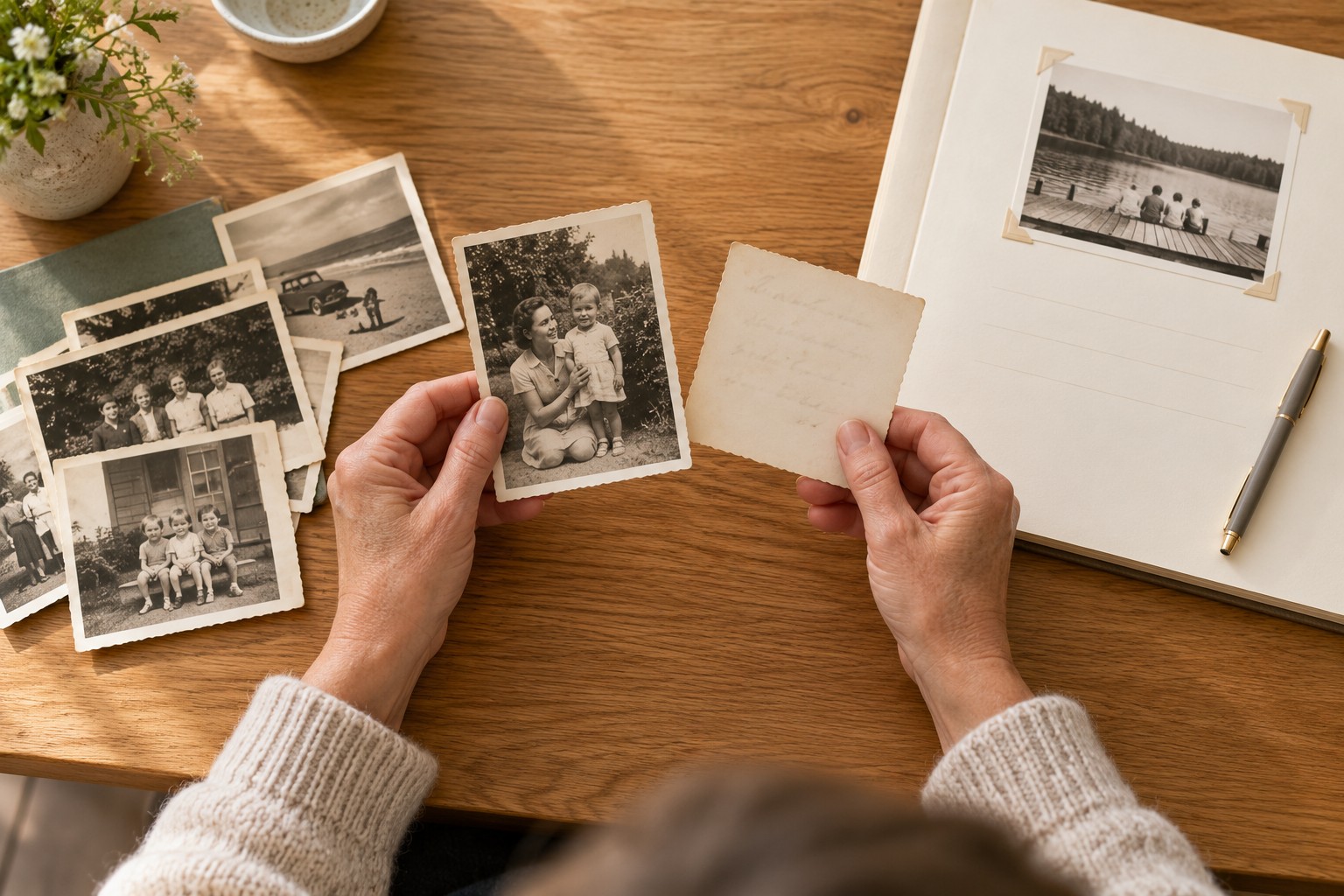 Illustrative overhead scene of mature hands comparing the front and back of family photographs