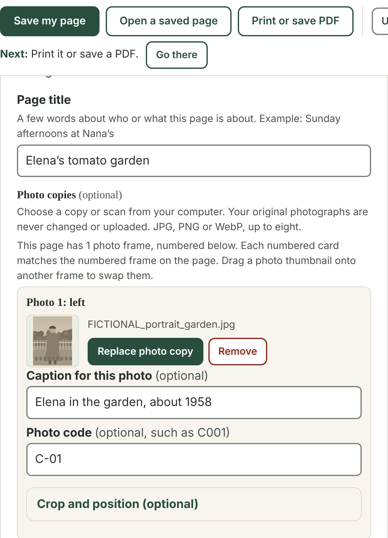 Actual builder step 2: Add photos and words