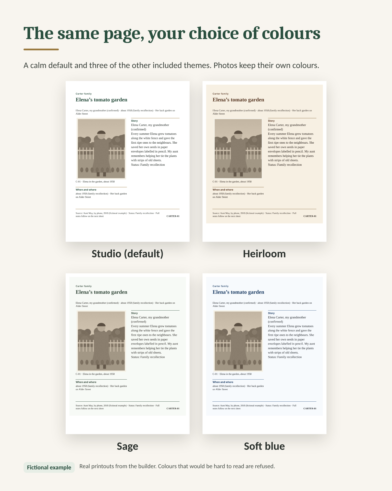 The same actual builder page printed in Studio, Heirloom, Sage and Soft Blue themes