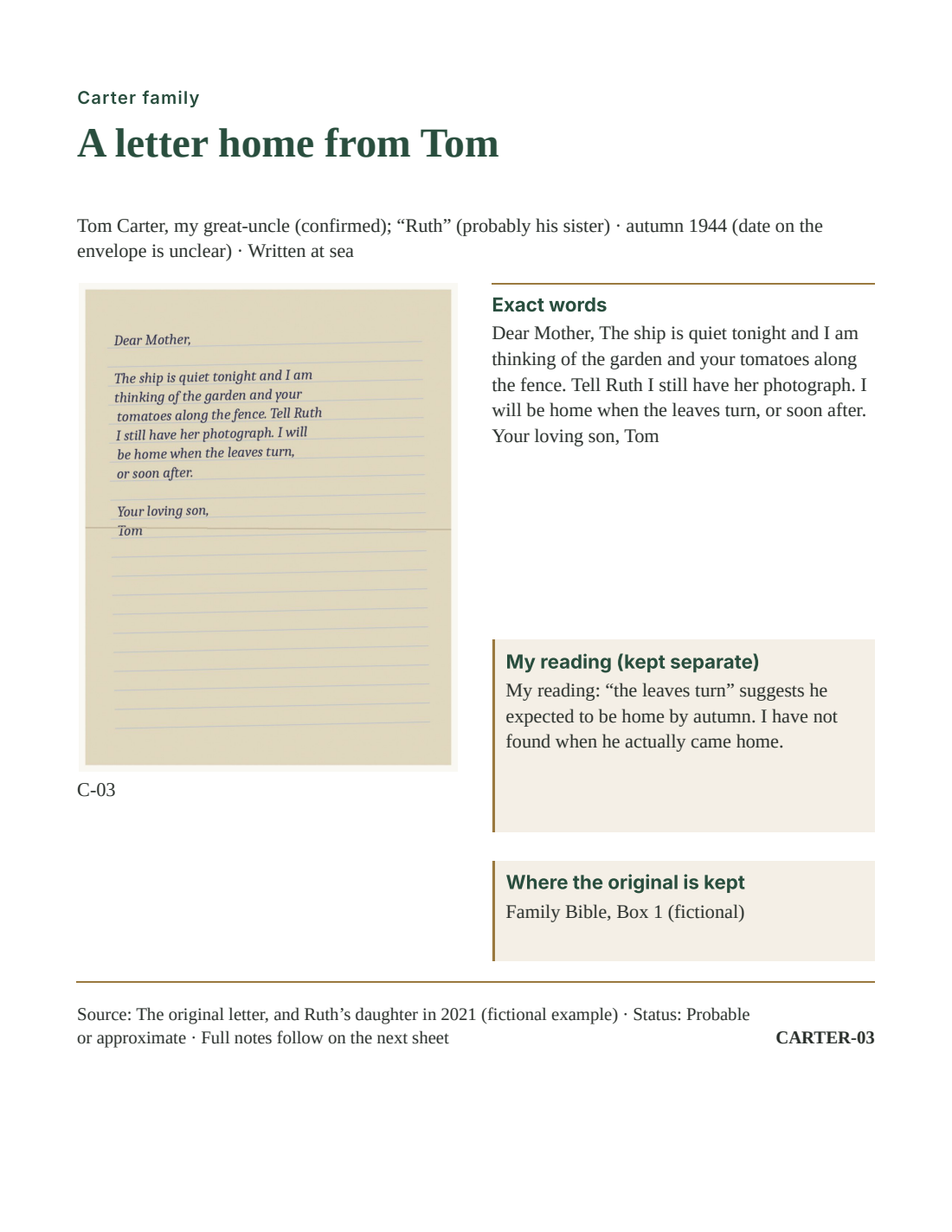 A letter and its words: actual builder printout with fictional family content